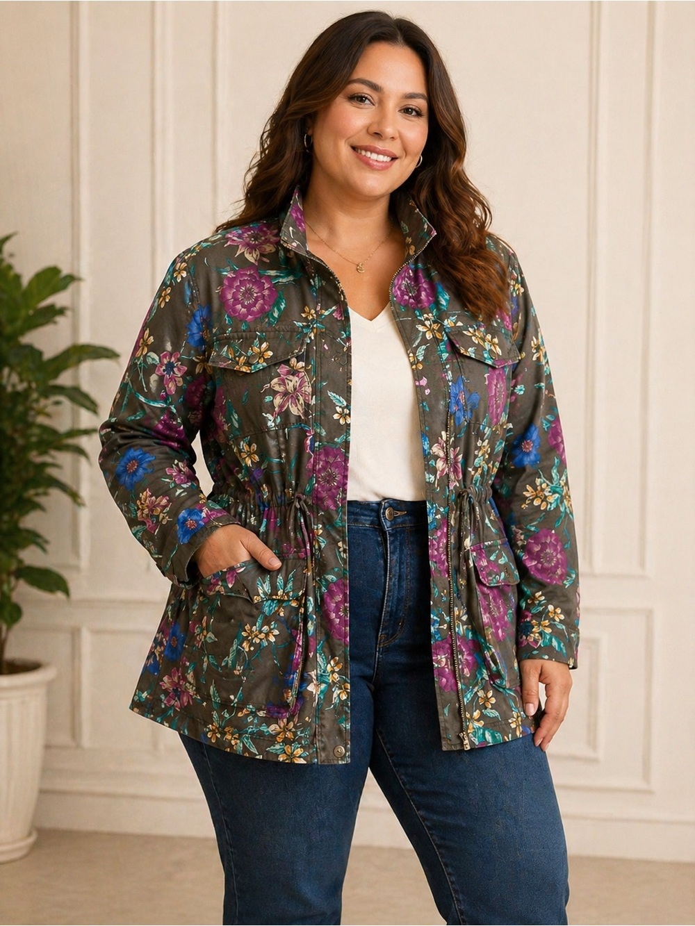 Lane Bryant Floral Jacket with Pink and Green Accents